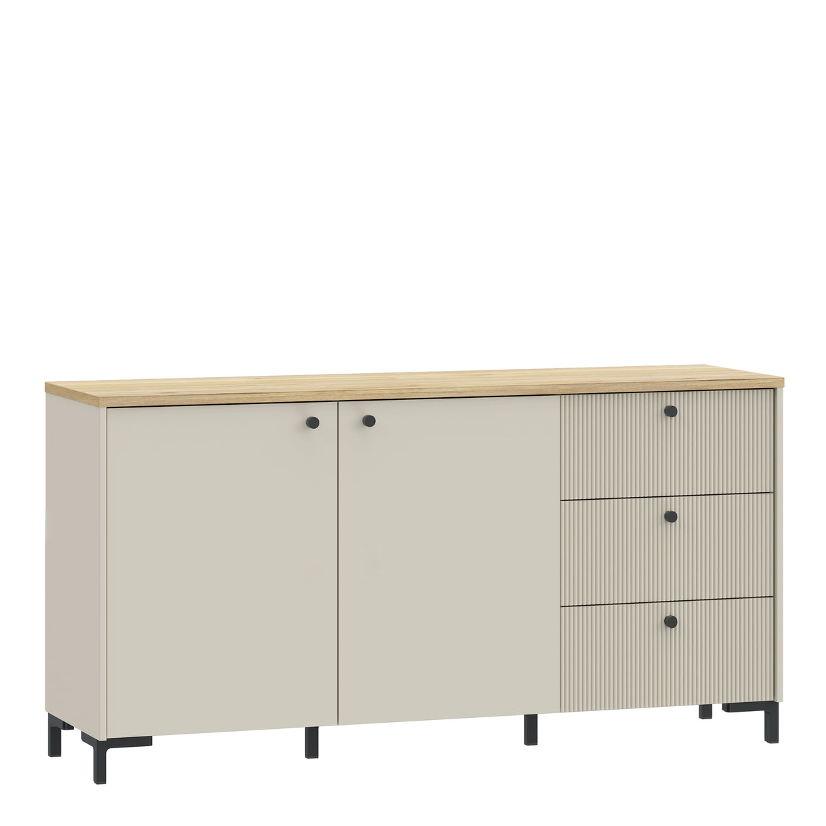 Bixbite Wide Sideboard with Fluted Drawers & Cupboard in Mauvella Oak and Sand — front view