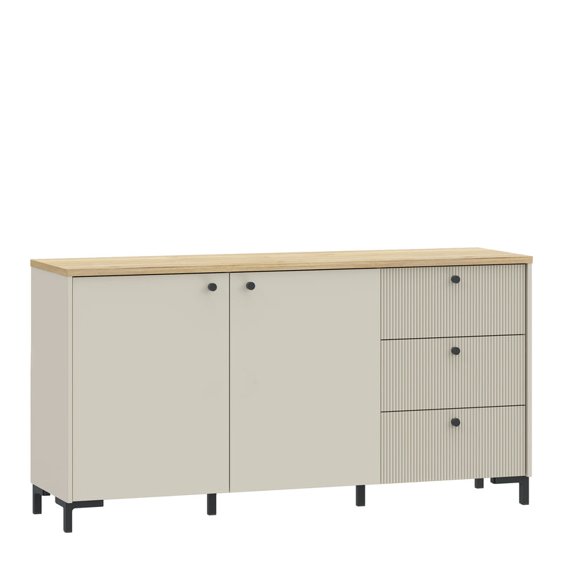 Bixbite Wide Sideboard with Fluted Drawers & Cupboard in Mauvella Oak and Sand — front view
