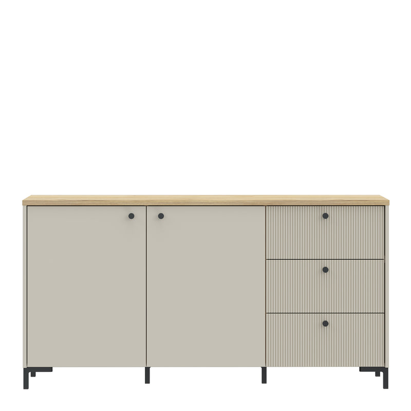 Bixbite Wide Sideboard with Fluted Drawers & Cupboard in Mauvella Oak and Sand — side angle