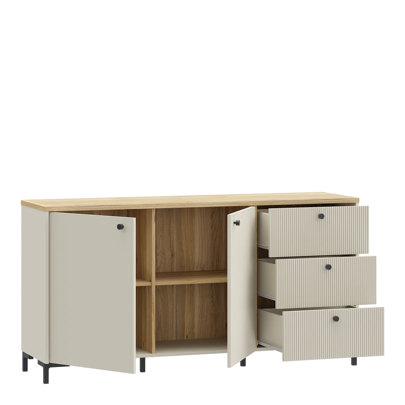 Bixbite Wide Sideboard with Fluted Drawers & Cupboard in Mauvella Oak and Sand — alternative angle