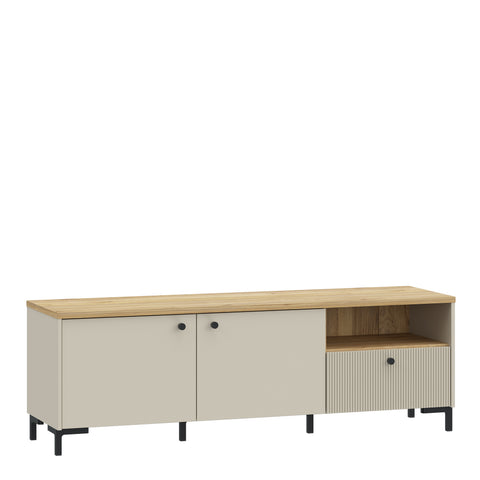 Bixbite Wide TV Unit with Fluted Drawer, Open Shelf & Cupboard in Mauvella Oak and Sand — front view