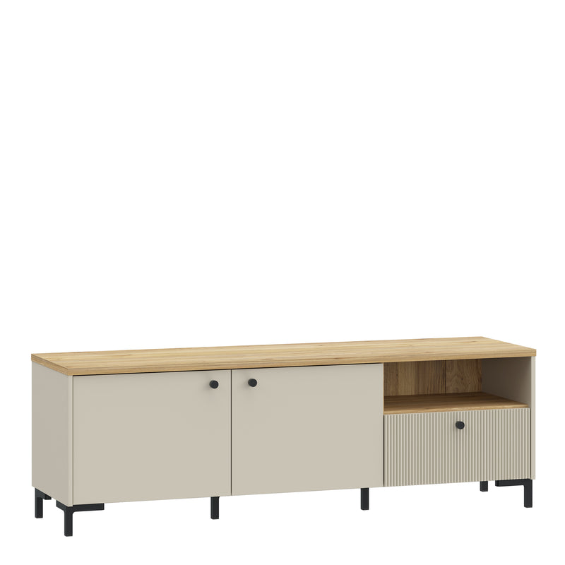 Bixbite Wide TV Unit with Fluted Drawer, Open Shelf & Cupboard in Mauvella Oak and Sand — front view