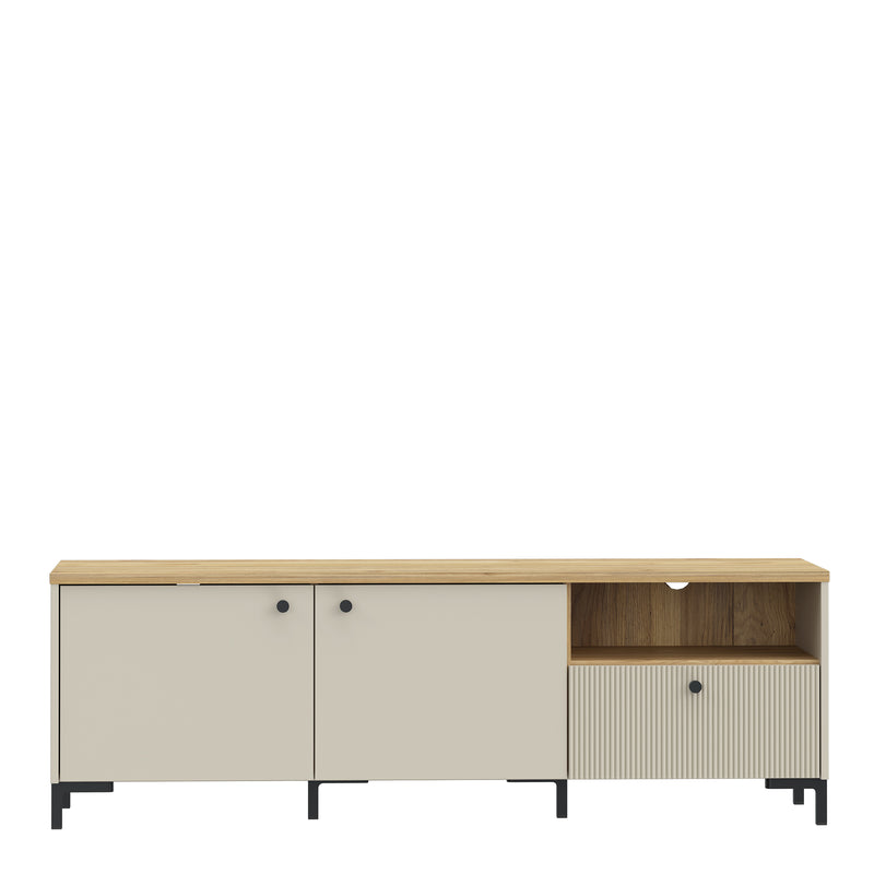Bixbite Wide TV Unit with Fluted Drawer, Open Shelf & Cupboard in Mauvella Oak and Sand — side angle