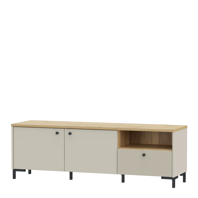Bixbite Wide TV Unit with Fluted Drawer, Open Shelf & Cupboard in Mauvella Oak and Sand — detail view