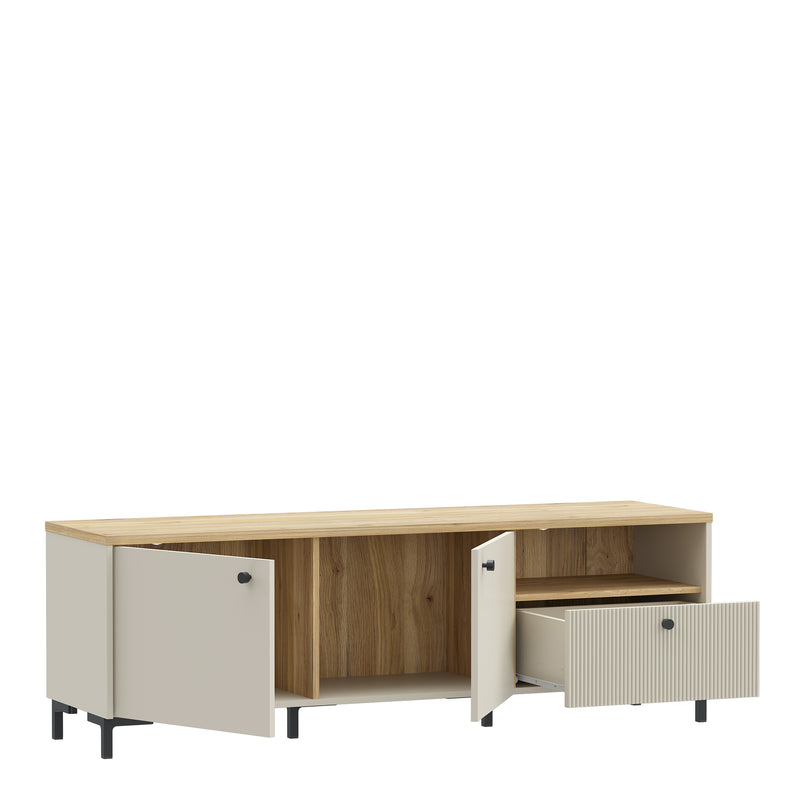 Bixbite Wide TV Unit with Fluted Drawer, Open Shelf & Cupboard in Mauvella Oak and Sand — alternative angle