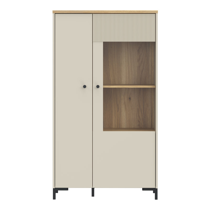 Bixbite Display Cabinet with Fluted Detail, Doors & Open Shelving in Mauvella Oak and Sand — side angle