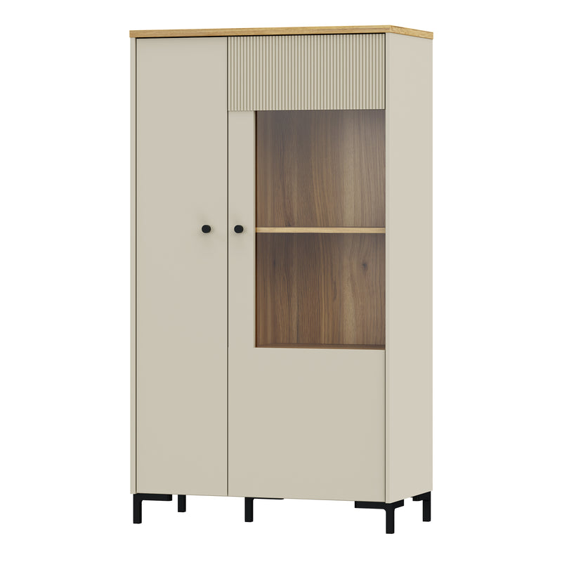 Bixbite Display Cabinet with Fluted Detail, Doors & Open Shelving in Mauvella Oak and Sand — detail view
