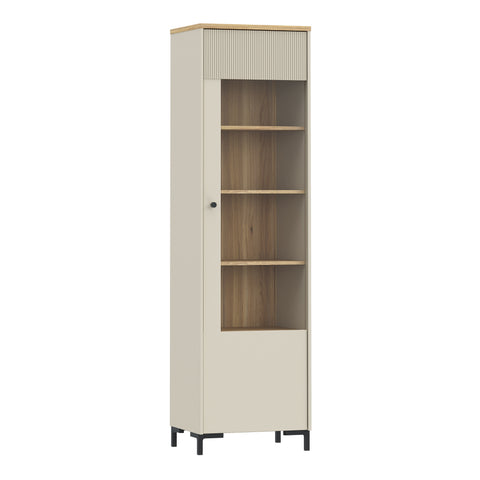 Bixbite Tall Display Cabinet with Fluted Detail, Door & Open Shelving in Mauvella Oak and Sand — front view