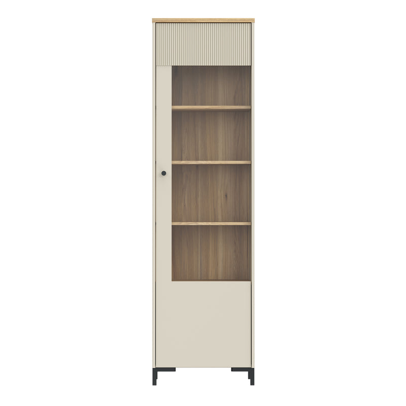 Bixbite Tall Display Cabinet with Fluted Detail, Door & Open Shelving in Mauvella Oak and Sand — side angle