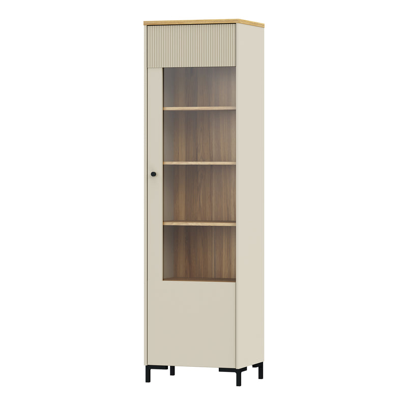 Bixbite Tall Display Cabinet with Fluted Detail, Door & Open Shelving in Mauvella Oak and Sand — detail view
