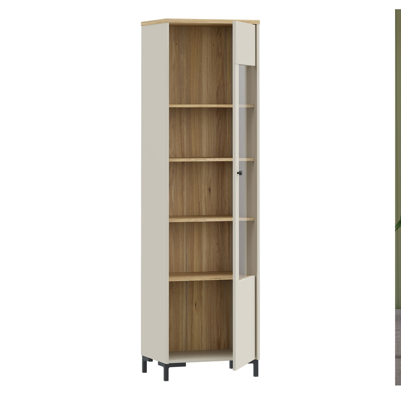 Bixbite Tall Display Cabinet with Fluted Detail, Door & Open Shelving in Mauvella Oak and Sand — alternative angle