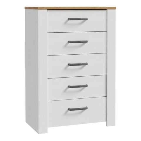 Bohol 5 Drawer Narrow Chest in Riviera Oak/White — front view