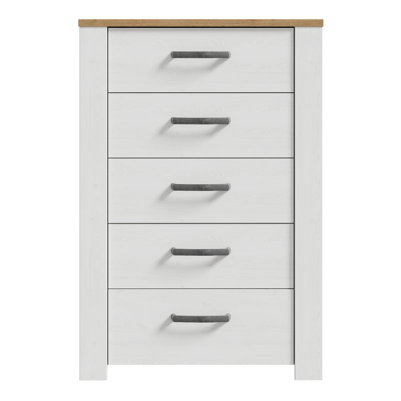Bohol 5 Drawer Narrow Chest in Riviera Oak/White — side angle