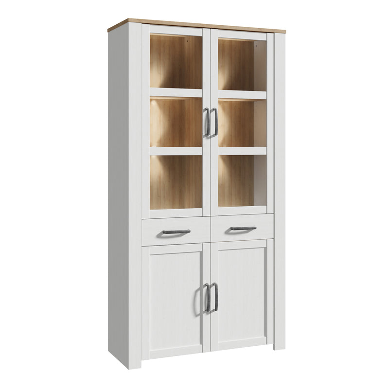 Bohol Display Cabinet 4 Door 2 Drawer in Oak/White inc LED Lighting — front view