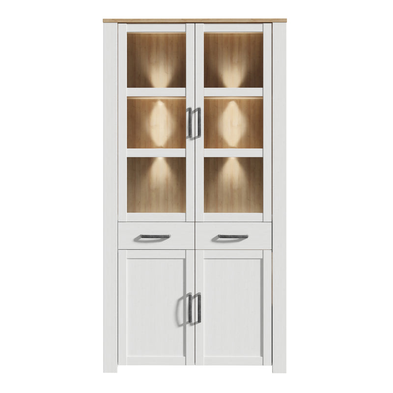 Bohol Display Cabinet 4 Door 2 Drawer in Oak/White inc LED Lighting — side angle