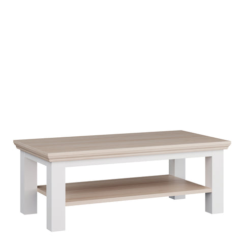 Pontypool Large Rectangular Coffee Table with Shelf in White and Riva Oak — front view