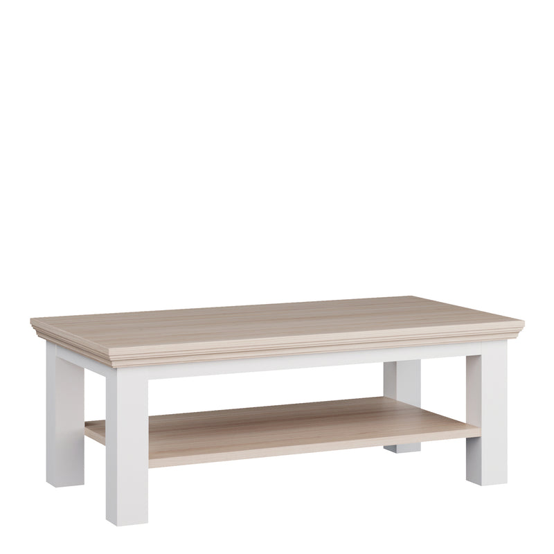 Pontypool Large Rectangular Coffee Table with Shelf in White and Riva Oak — front view
