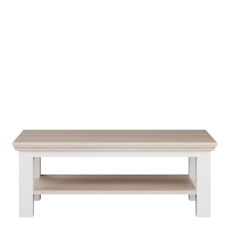 Pontypool Large Rectangular Coffee Table with Shelf in White and Riva Oak — side angle