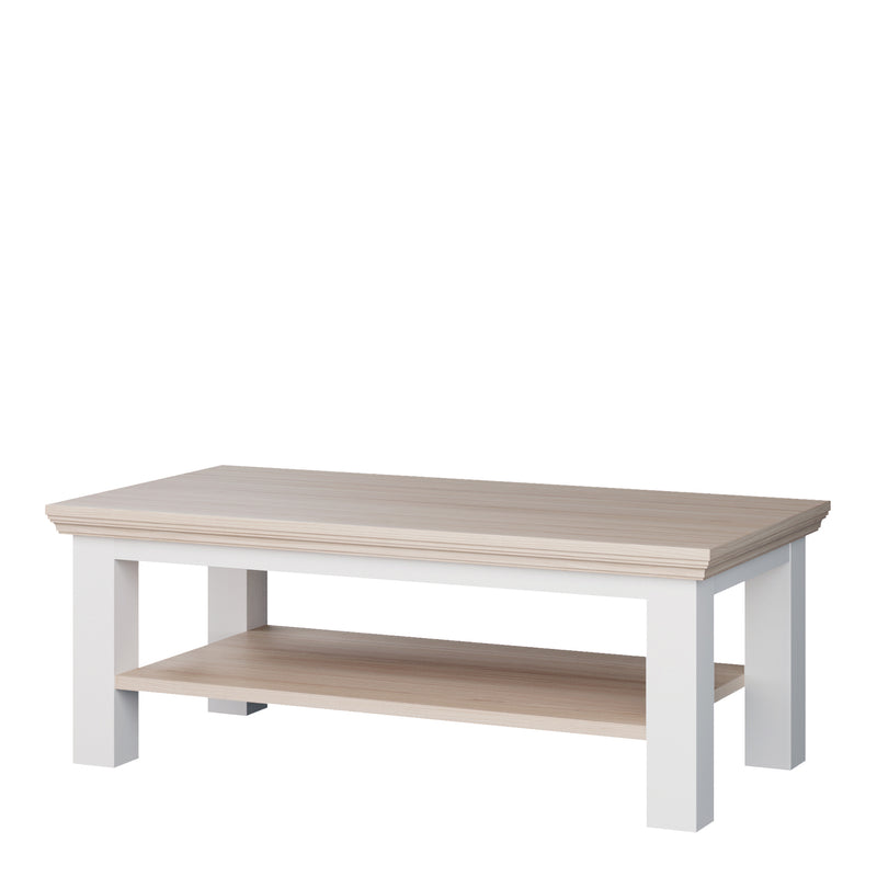 Pontypool Large Rectangular Coffee Table with Shelf in White and Riva Oak — detail view