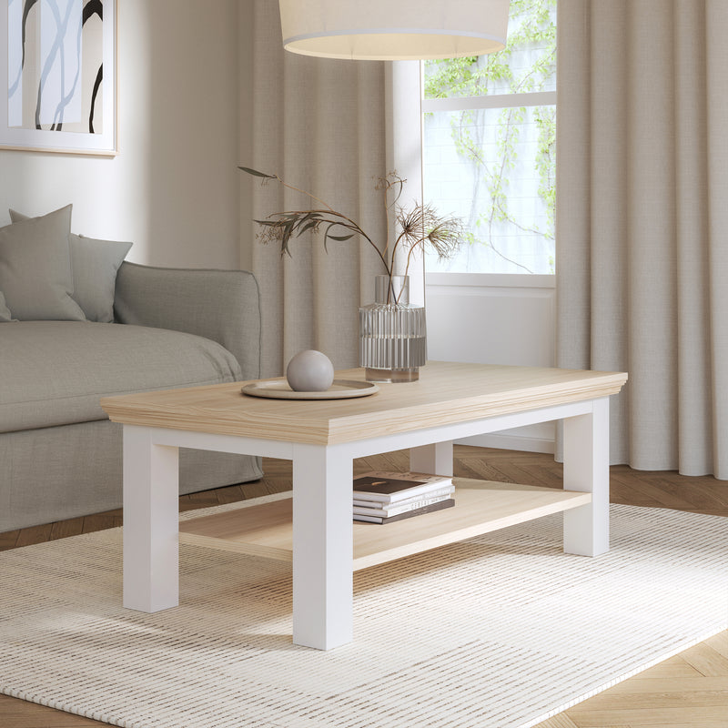 Pontypool Large Rectangular Coffee Table with Shelf in White and Riva Oak — view 4l