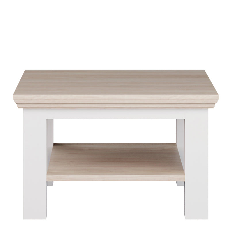 Pontypool Small Coffee Table with Shelf in White and Riva Oak — side angle