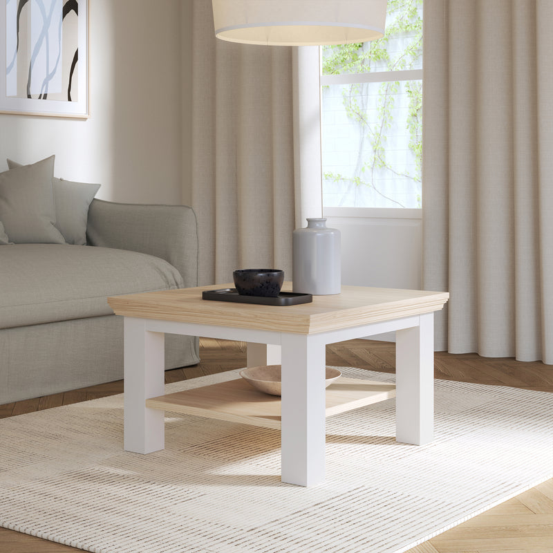 Pontypool Small Coffee Table with Shelf in White and Riva Oak — view 4l