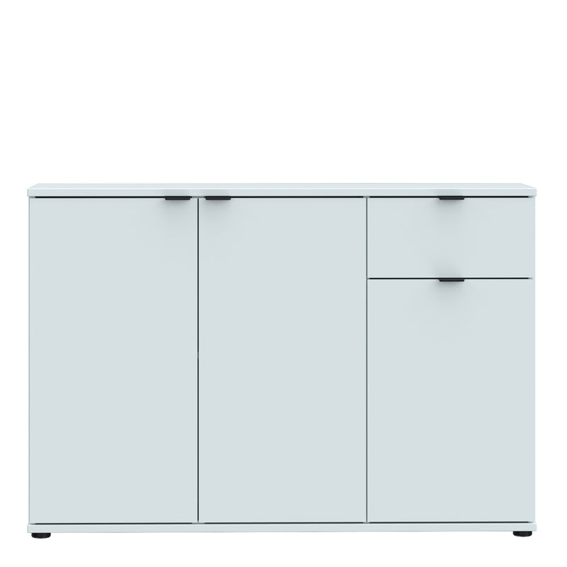 Ganymede Wide 3 Door Cupboard with Drawer in Light Grey — side angle