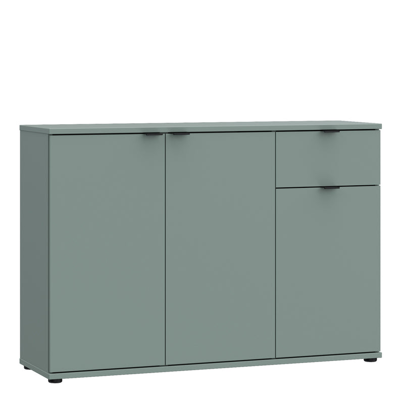 Ganymede Wide 3 Door Cupboard with Drawer in Sage Green — front view