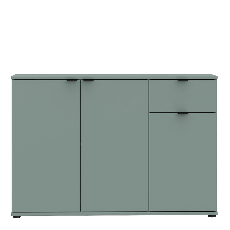 Ganymede Wide 3 Door Cupboard with Drawer in Sage Green — side angle