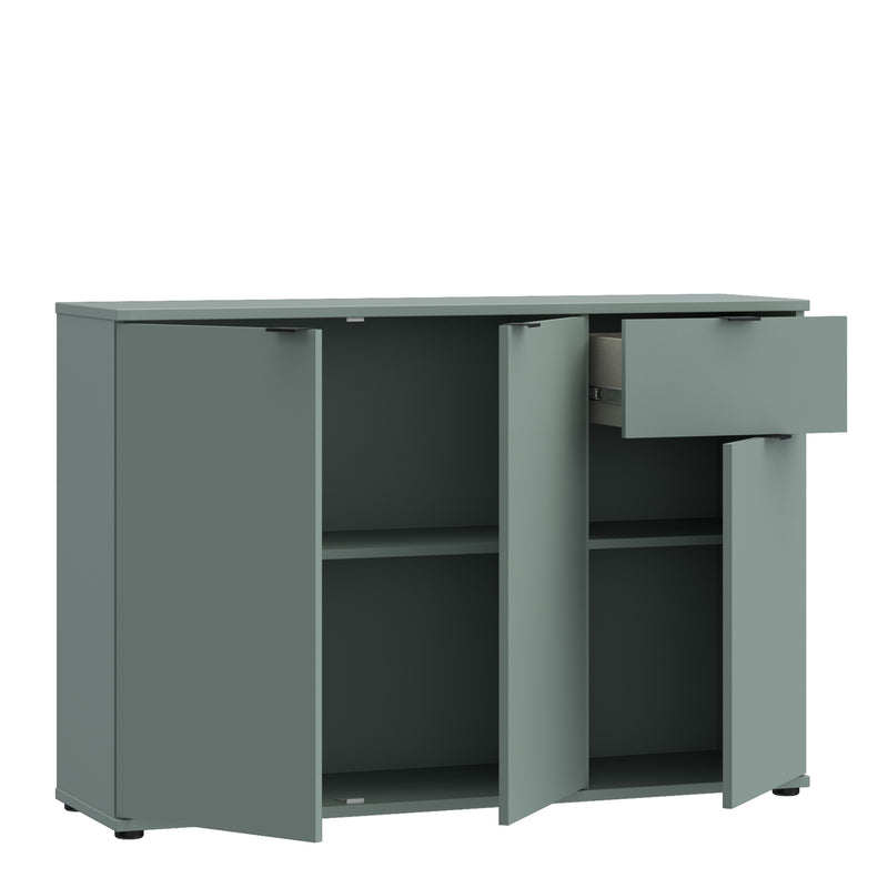 Ganymede Wide 3 Door Cupboard with Drawer in Sage Green — detail view