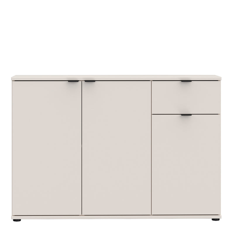 Ganymede Wide 3 Door Cupboard with Drawer in Sand — side angle