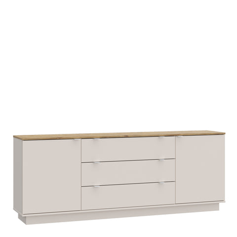 Ganymede Large Sideboard with 3 Drawers & 2 Doors in Mauvella Oak and Sand — front view