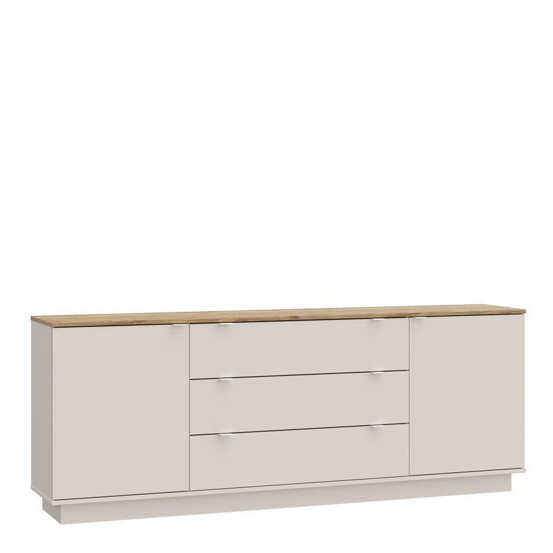 Ganymede Large Sideboard with 3 Drawers & 2 Doors in Mauvella Oak and Sand — front view