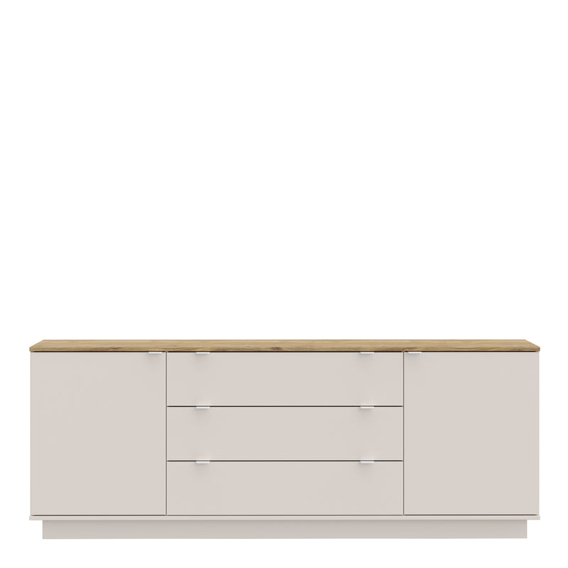 Ganymede Large Sideboard with 3 Drawers & 2 Doors in Mauvella Oak and Sand — side angle
