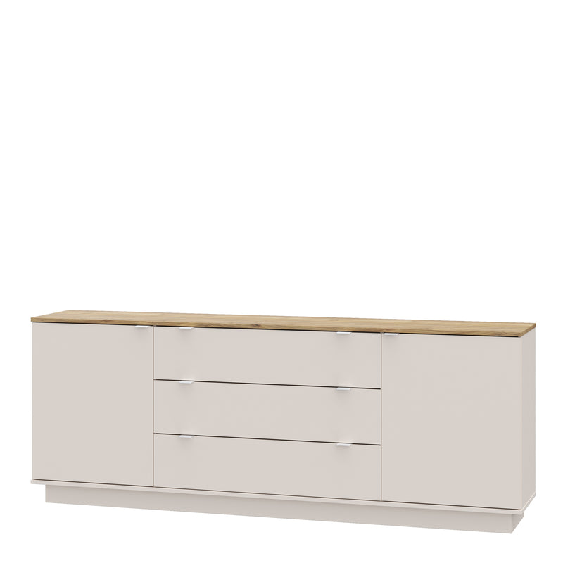 Ganymede Large Sideboard with 3 Drawers & 2 Doors in Mauvella Oak and Sand — detail view