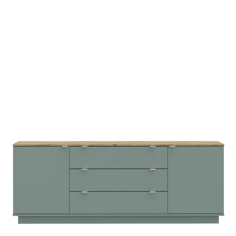 Ganymede Large Sideboard with 3 Drawers & 2 Doors in Mauvella Oak and Sage — side angle