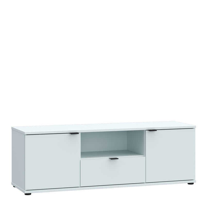 Ganymede Wide TV Unit with Open Shelf, Drawer & 2 Doors in Light Grey — front view