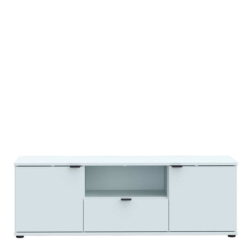 Ganymede Wide TV Unit with Open Shelf, Drawer & 2 Doors in Light Grey — side angle