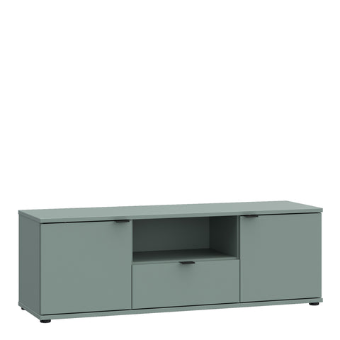 Ganymede Wide TV Unit with Open Shelf & 2 Doors in Sage Green — front view