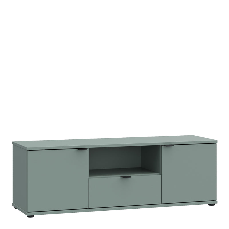 Ganymede Wide TV Unit with Open Shelf & 2 Doors in Sage Green — front view