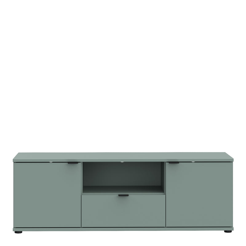 Ganymede Wide TV Unit with Open Shelf & 2 Doors in Sage Green — side angle