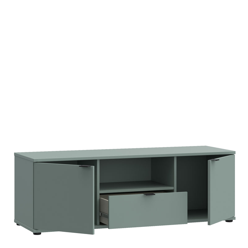 Ganymede Wide TV Unit with Open Shelf & 2 Doors in Sage Green — detail view