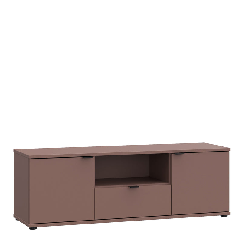Ganymede Wide TV Unit with Open Shelf, Drawer & 2 Doors in Terracotta — front view