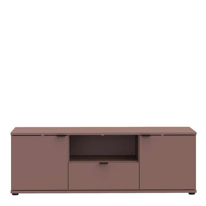 Ganymede Wide TV Unit with Open Shelf, Drawer & 2 Doors in Terracotta — side angle