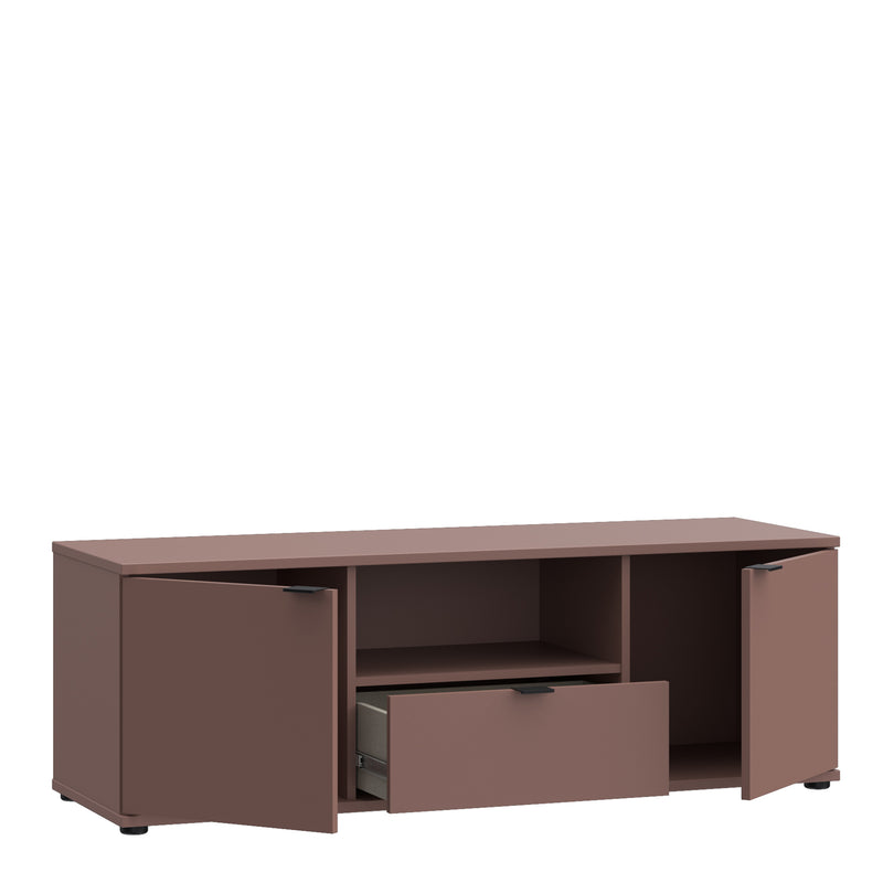 Ganymede Wide TV Unit with Open Shelf, Drawer & 2 Doors in Terracotta — detail view