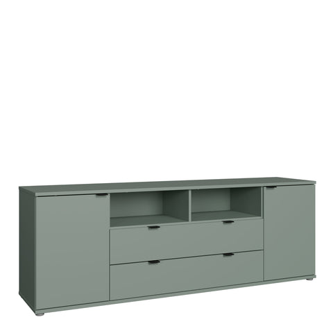 Ganymede Wide TV Unit with Open Shelving, 2 Drawers & 2 Doors in Sage Green — front view