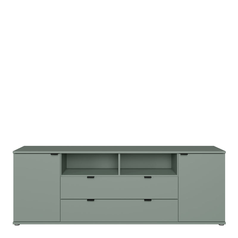 Ganymede Wide TV Unit with Open Shelving, 2 Drawers & 2 Doors in Sage Green — side angle