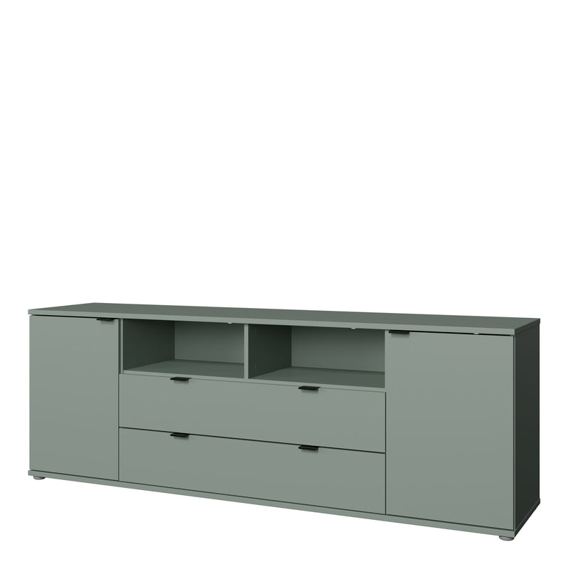 Ganymede Wide TV Unit with Open Shelving, 2 Drawers & 2 Doors in Sage Green — detail view