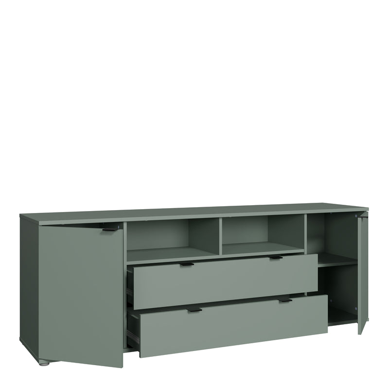 Ganymede Wide TV Unit with Open Shelving, 2 Drawers & 2 Doors in Sage Green — alternative angle