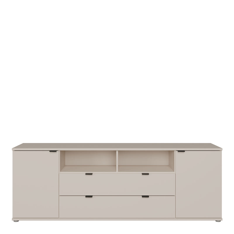 Ganymede Wide TV Unit with Open Shelving, 2 Drawers & 2 Doors in Sand — side angle